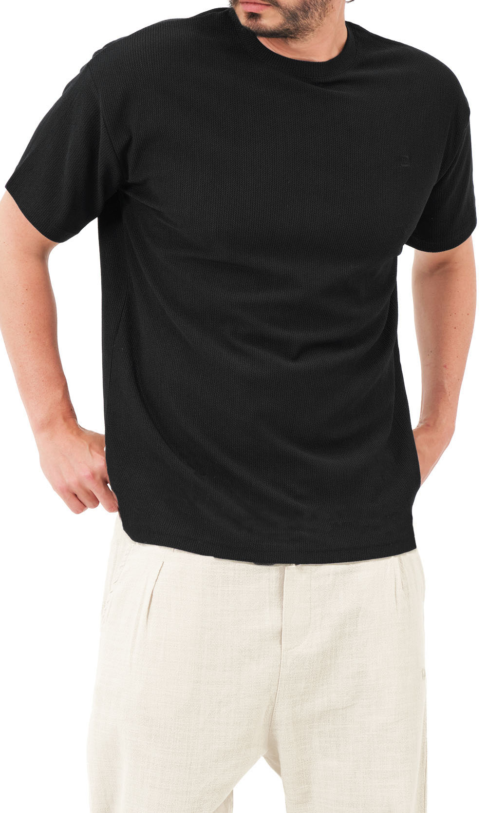 T-shirt oversize en maille gaufrée QTT3001, noir