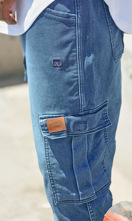  QL Pantacourt Cargo Jeans in Light Blue - QABA'IL,