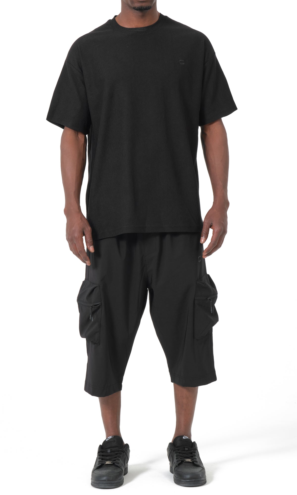 T-shirt oversize en maille gaufrée QTT3001, noir