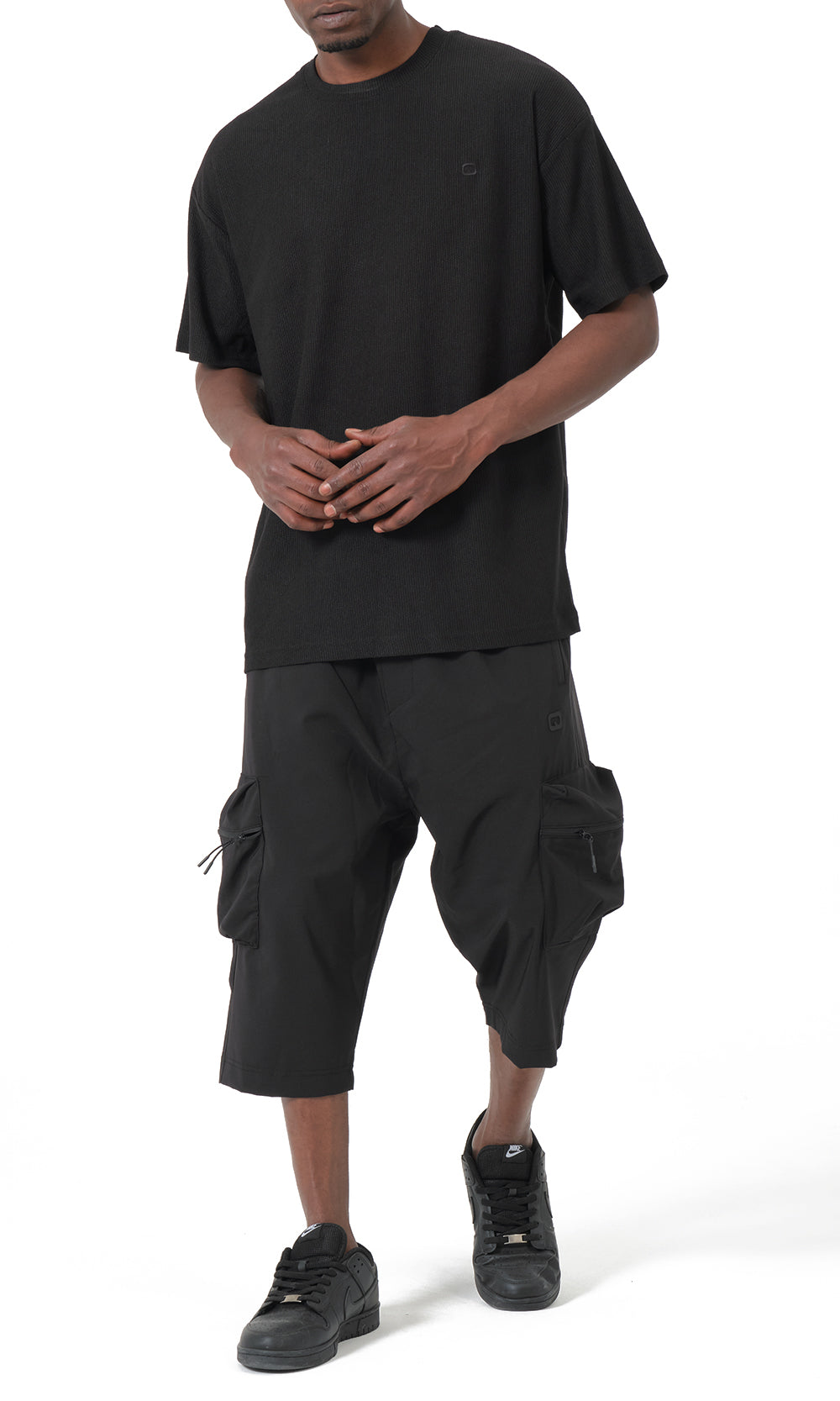 T-shirt oversize en maille gaufrée QTT3001, noir